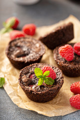 Homemade brownie bites with raspberries, chocolate cake treat