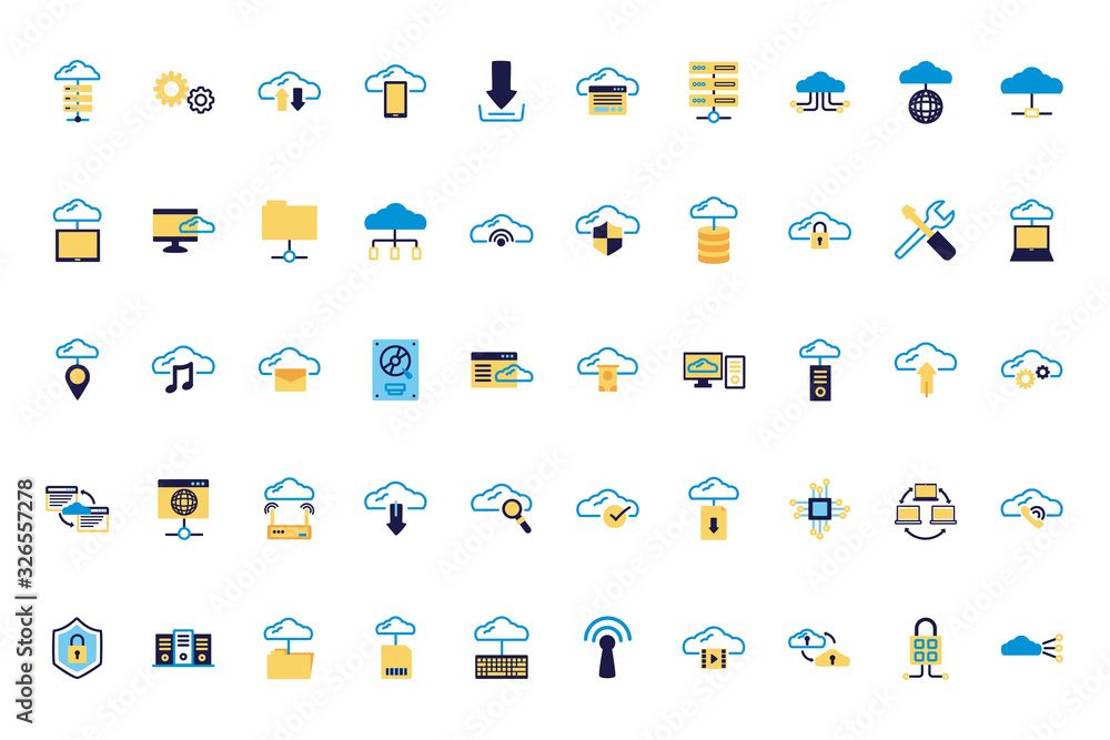 Poster bundle of cloud computing lineal colors style icons