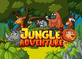 Forest scene with word jungle adventure and wild animals in background