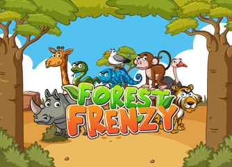 Obraz na płótnie Canvas Forest scene with word forest frenzy and wild animals in background