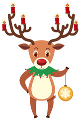 Single character of reindeer and ornament on white background