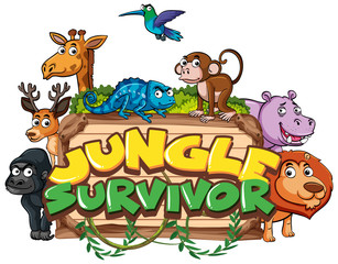 Obraz na płótnie Canvas Font design for word jungle survivor with wild animals in background