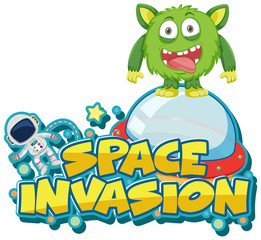 Sticker template for word space invasion with alien and UFO