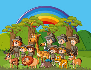 Background scene with many park rangers and wild animals