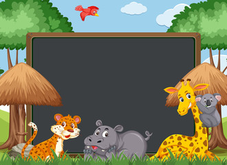 Obraz na płótnie Canvas Blackboard template design with wild animals in the zoo