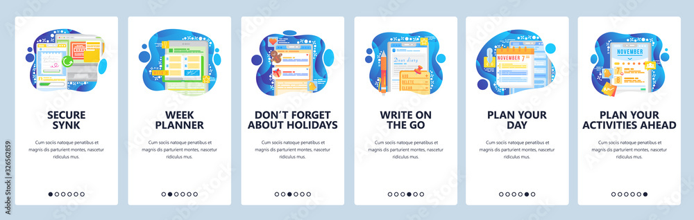 Poster orginizer and task management app. planner, note taking, to do list manager. mobile app onboarding s