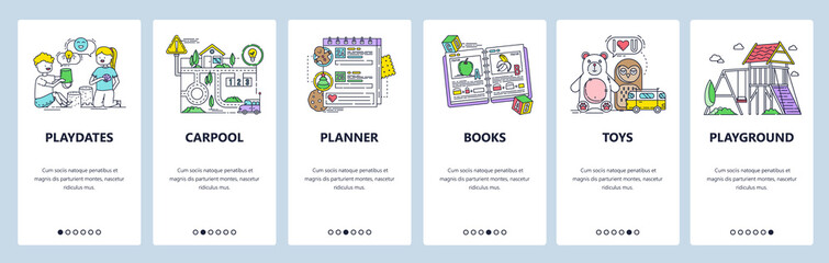 Kids playground activity, children book, toys, preschool and kindergarten schedule. Mobile app onboarding screens. Vector banner template for website mobile development. Web site design illustration