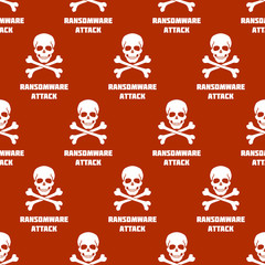 Seamless pattern with white skulls and crossbones on red background. Symbol of Ransomware attack. Vector illustration