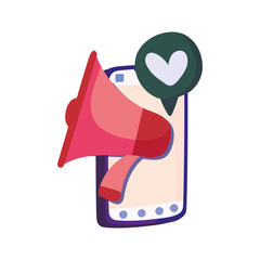 smartphone with megaphone and speech bubble with heart icon, colorful design