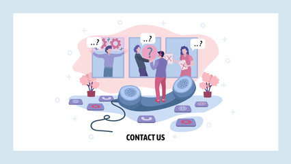 Technical customer support call center. Hotline operator chat with clients and solve problems. Company contact us concept. Vector web site design template. Landing page website illustration