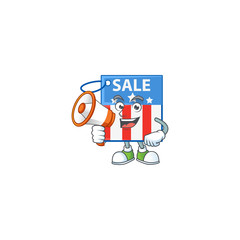 A chilly cartoon character of USA price tag with a megaphone