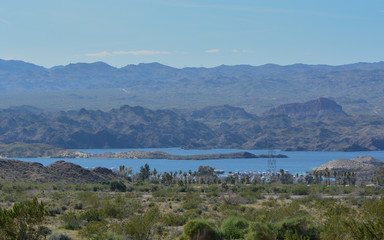Fototapeta na wymiar A view of Katherine Landing at the border of Arizona and Nevada on Mohave Lake. Lake Mead National Recreation Area, Mohave County, Arizona USA