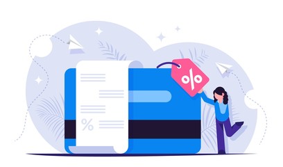 Customer loyalty program. Use a discount card to get a discount. Good buy. Check about payment for a product or service. Vector isolated illustration.
