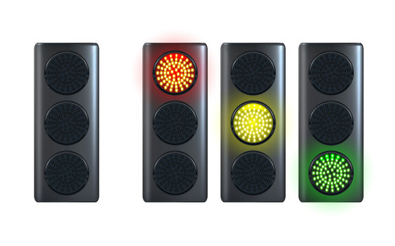 Realistic traffic light template, isolated on white background. Red, yellow, green lights. Go, wait and stop. Vector illustration.