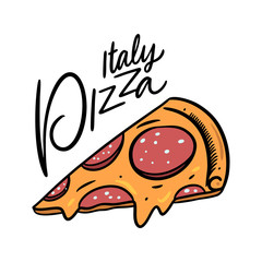 Italy slice pizza pepperoni. Hand drawn colorful vector illustration.