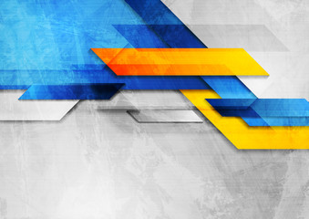Blue, orange and grey grunge technology abstract background. Geometric tech vector design