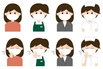 Set of women wearing a mask to prevent virus. Vector illustration.