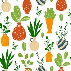 Paintings on glass Plants in pots Indoor potted plants or home flowers seamless pattern on white. Vector endless texture with green different plants, leaves, ceramic pots, background potted houseplants for textile, fabric, wrapping