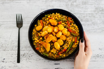 plant-based food, baby potatoes and creamy mixed veggies soup