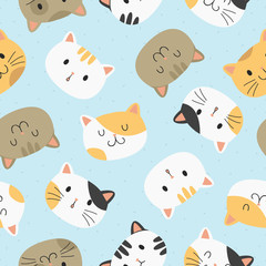 Cats seamless pattern vector design. cute cats head with funny expressions isolated in blue background. Vector background template for kids.