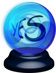 Magic crystal ball of glass on a stand with the answer YES inside. Vector on transparent background, object for design