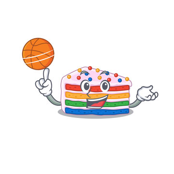 A mascot picture of rainbow cake cartoon character playing basketball
