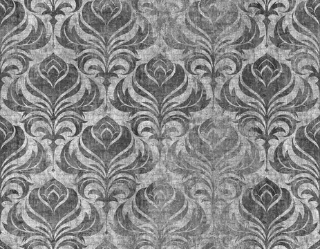 Swirl Damask Wallpaper Pattern, seamless tiling repeating background grunge texture, grayscale concrete grunge version