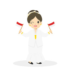 Fototapeta premium Happy Indonesian girl wearing North Sulawesi traditional dress and holding Indonesian flags in both hands cartoon vector