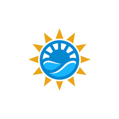 Wave sunset logo template, sun and sea icon design vector
