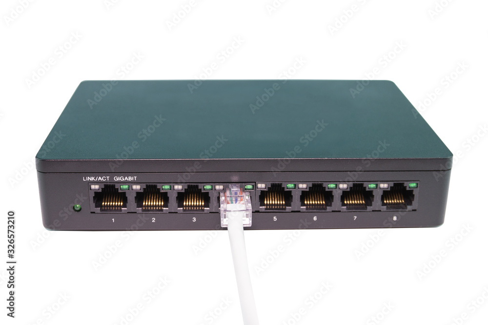 Poster the blue network cables connect port switch on white table concept internet network connection