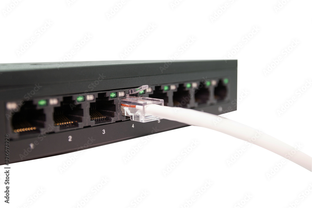 Poster the blue network cables connect port switch on white table concept internet network connection