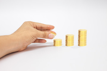 Gold coins isolated on white, A pile of Coins, investment concept, stack of gold, white background, pure gold, Saving, Coin stack growing business. Investment money concept,