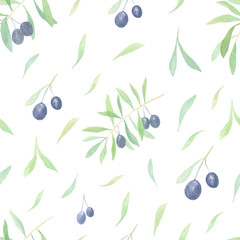 Watercolor olives branches hand-drawn seamless pattern on white background. Watercolor background with olives and leaves. Perfect for planners, covers, fabric, kitchen towels, pillows. Spring, summer.