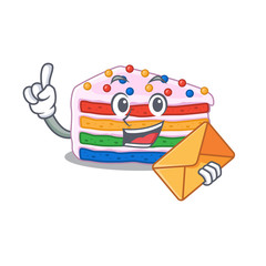 Happy face rainbow cake mascot design with envelope