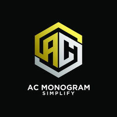 luxury gold silver ac, ca, a c initial monogram hexagon letter logo design with black background