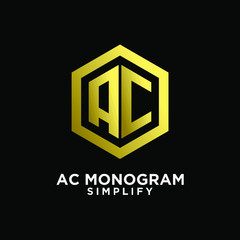 gold luxury ac, ca, a c initial monogram hexagon letter logo design with  black background