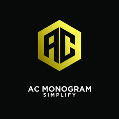 gold luxury ac, ca, a c initial monogram hexagon letter logo design with  black background