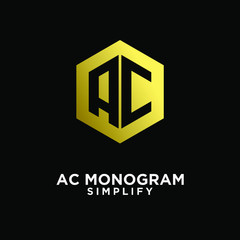 gold luxury ac, ca, a c initial monogram hexagon letter logo design with  black background