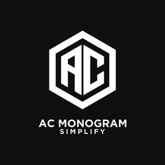 black ac, ca, a c initial monogram hexagon letter logo design with  dark background