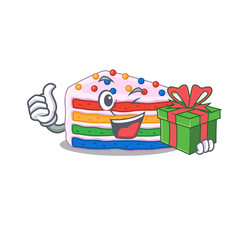 Happy rainbow cake character having a gift box