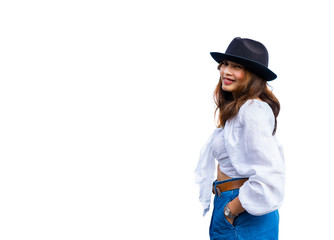 Woman smiling with copy space on isolated white