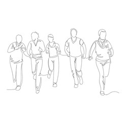 people are running. vector contour image of a group of people. one continuous line