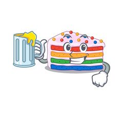 Smiley rainbow cake mascot design with a big glass