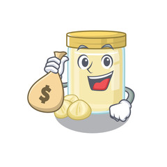 Rich and famous macadamia nut butter cartoon character holding money bag