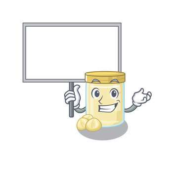 A cute picture of macadamia nut butter mascot design with a board