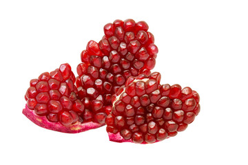 Pomegranate grains isolated on white background, no shadow, close up