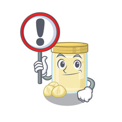 cute mascot character style of macadamia nut butter raised up a sign