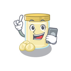 Macadamia nut butter Cartoon design style speaking on a phone