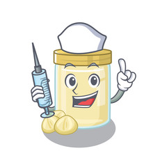 A macadamia nut butter hospitable Nurse character with a syringe
