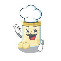 Macadamia nut butter cartoon character working as a chef and wearing white hat